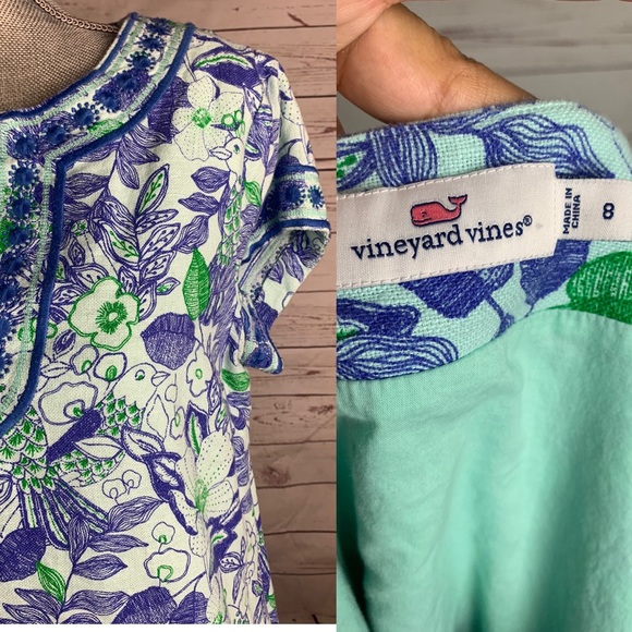 Vineyard Vines Blue Bird linen Dress Size 8 V neck - Picture 2 of 3